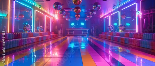 Vibrant retro nightclub with colorful neon lights, illuminating a lively dance floor and disco balls reflecting the ambiance.