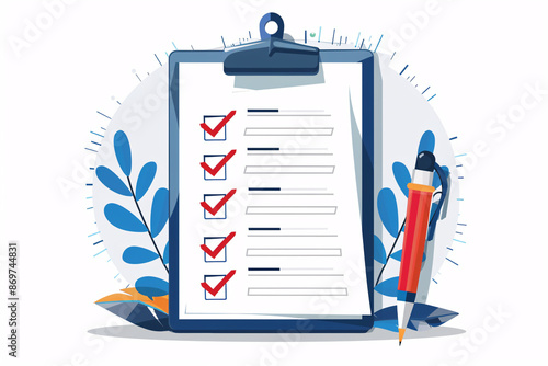 Illustrated checklist on clipboard with red pen and blue leaves in the background