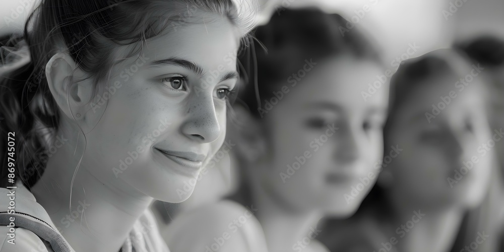 Obraz premium Black and white photo of students in classroom collaborating in group discussion. Concept Classroom Collaboration, Black and White Photography, Student Discussions, Group Work, Academic Setting