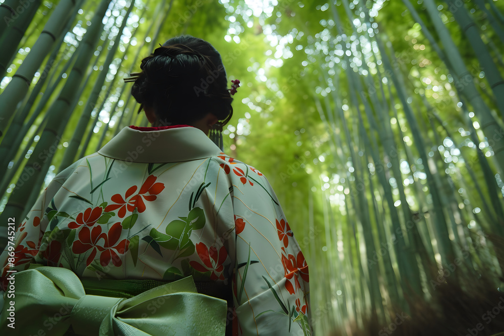 A detailed shot of a woman in traditional Japanese attire walking through a bamboo forest, with the tall, green bamboo creating a serene and mystical atmosphere 