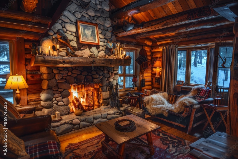 Cozy Rustic Cabin Interior with Roaring Fireplace and Wooden Furniture for Seasonal Comfort Cozy Rustic Cabin Interior with Roaring Fireplace and Wooden Furniture for Seasonal Comfort