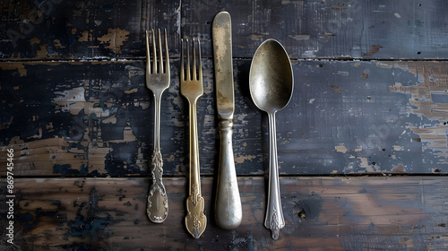 Cutlery knife, spoons, forks on a dark concrete background. AI Generated