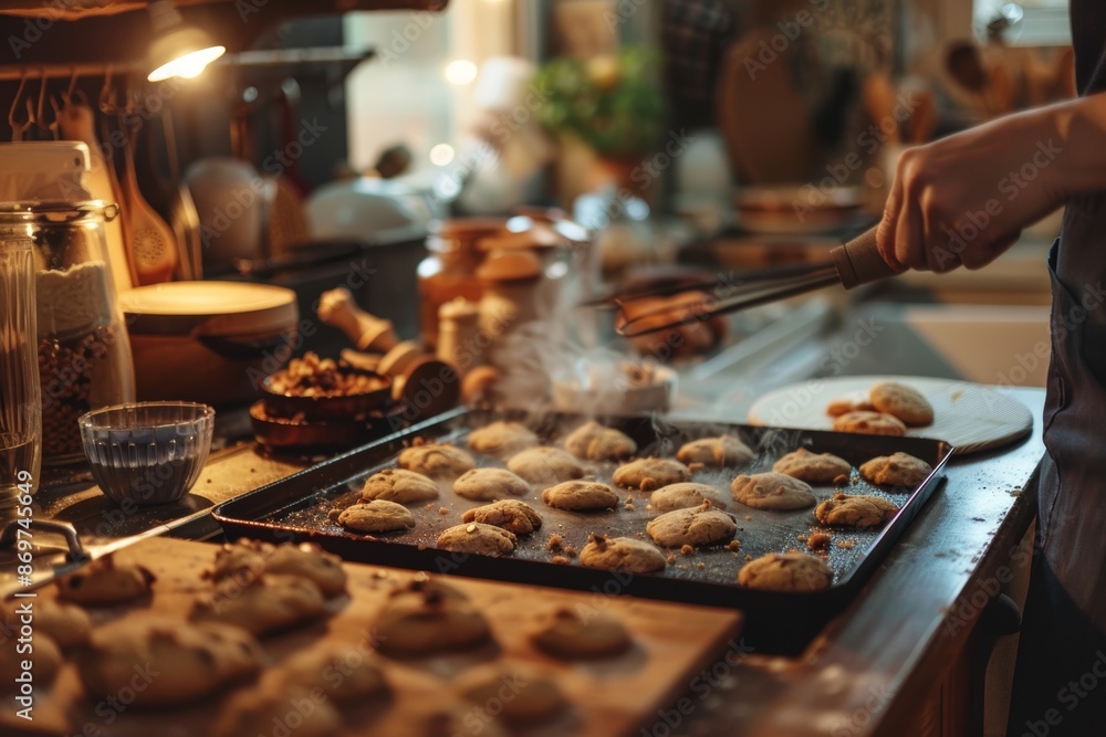 Freshly Baked Cookies in Rustic Kitchen - Warm Lighting, Homemade, Holiday Treats - Perfect for Baking Ads Freshly Baked Cookies in Rustic Kitchen - Warm Lighting, Homemade, Holiday Treats - Perfect for Baking Ads