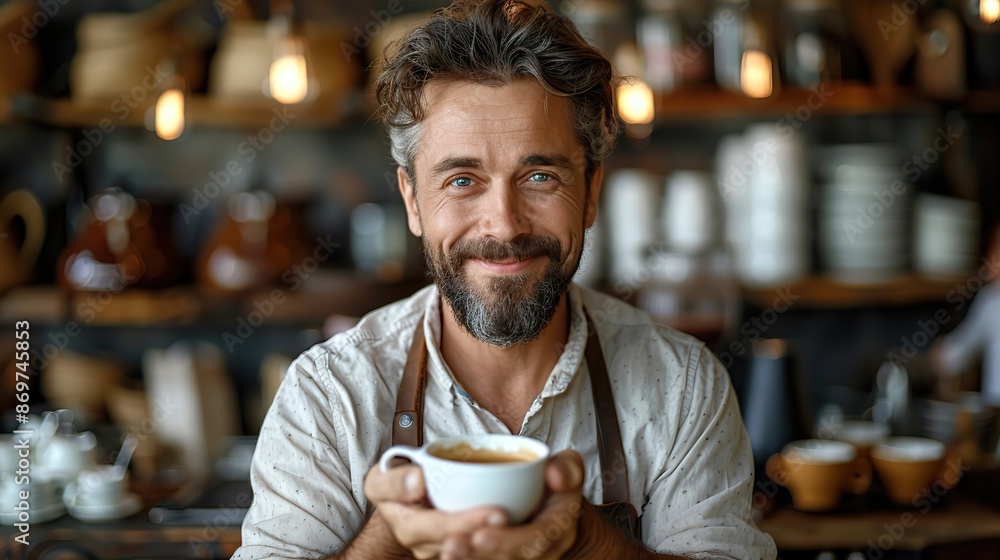 barista wearing apron showing cup of coffee mockup.stock image barista wearing apron showing cup of coffee mockup.stock image