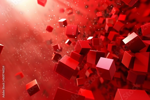 A mesmerizing display of floating red cubes set against a vibrant red background, creating a sense of motion and depth.