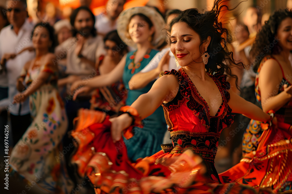 A vibrant photo of a group of friends enjoying a flamenco performance in Spain, with dancers in vibrant dresses and a lively audience A vibrant photo of a group of friends enjoying a flamenco performance in Spain, with dancers in vibrant dresses and a lively audience