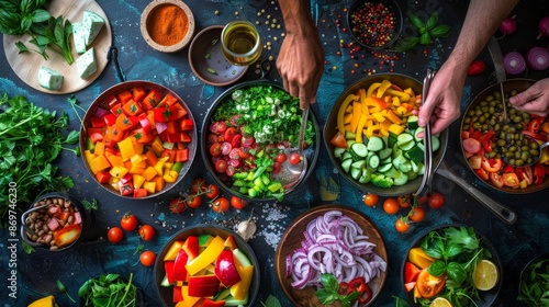 Colorful fresh vegetable salad preparation, vibrant ingredients in bowls, hand preparing healthy vegetarian dish, top view.