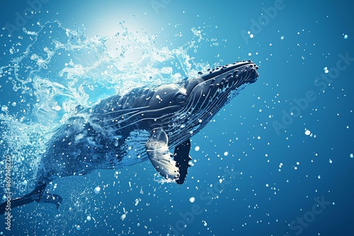 A magnificent whale breaching the ocean surface, surrounded by splashes of water and bubbles against a bright blue background. photo