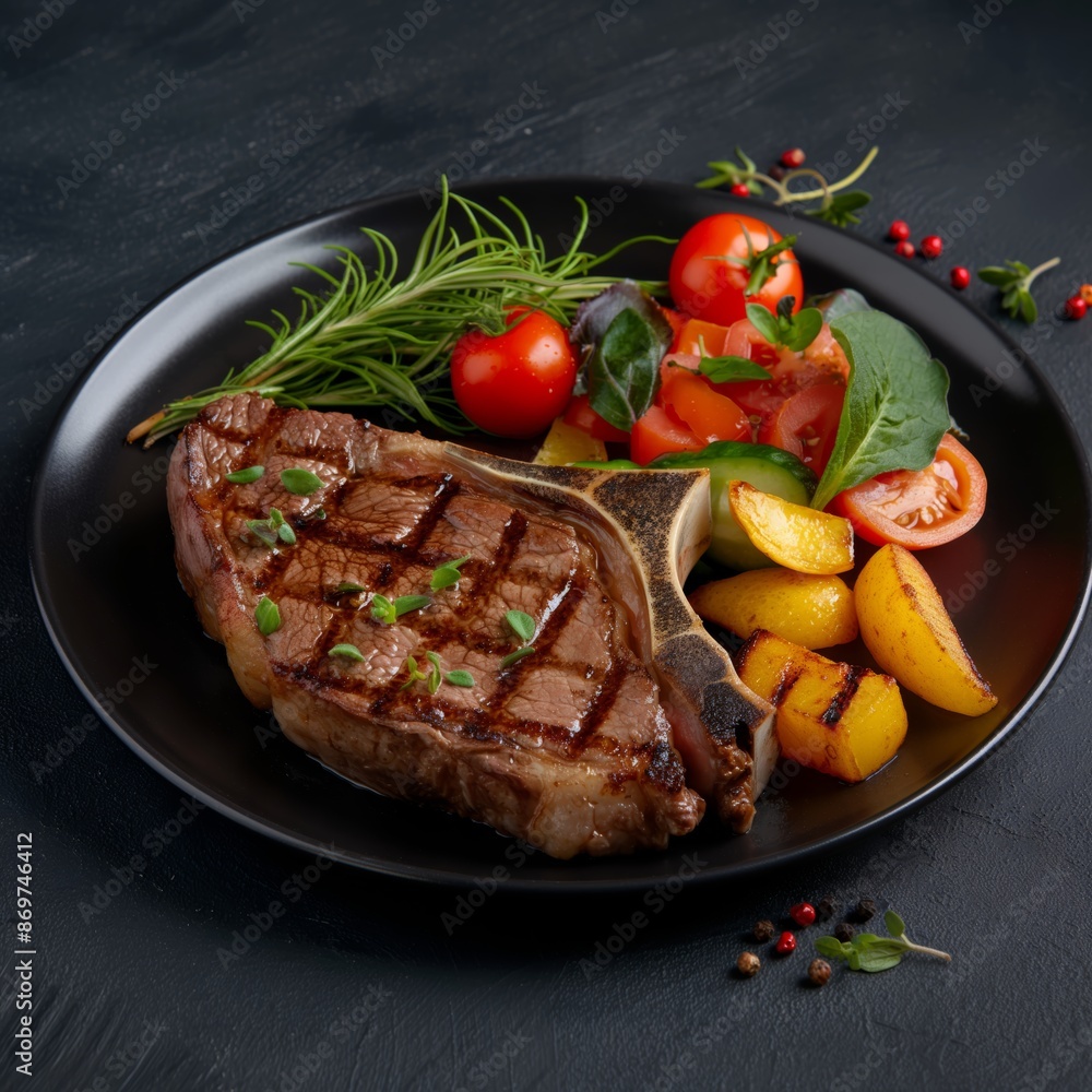 Grilled steak with fresh tomatoes, greens, and roasted potatoes on a black plate. Perfect for gourmet dining and culinary presentations. Grilled steak with fresh tomatoes, greens, and roasted potatoes on a black plate. Perfect for gourmet dining and culinary presentations.