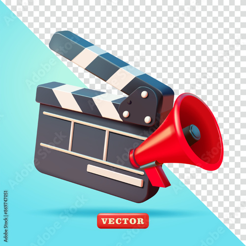 Clapper board dan filem direktur megafon, 3d vector. Suitable for cinema and design elements