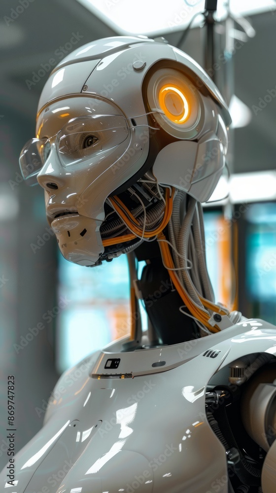 Fototapeta premium Close-up of a futuristic humanoid robot with intricate mechanical details and glowing lights.