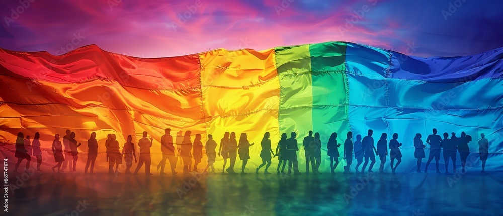 Silhouettes of diverse people dancing in front of a large rainbow flag ...
