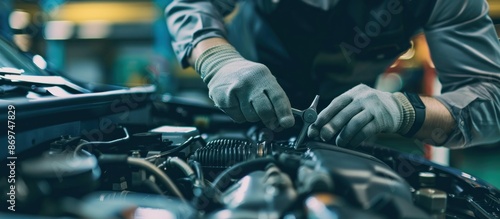 Mechanic Working on a Car Engine © Bolustck