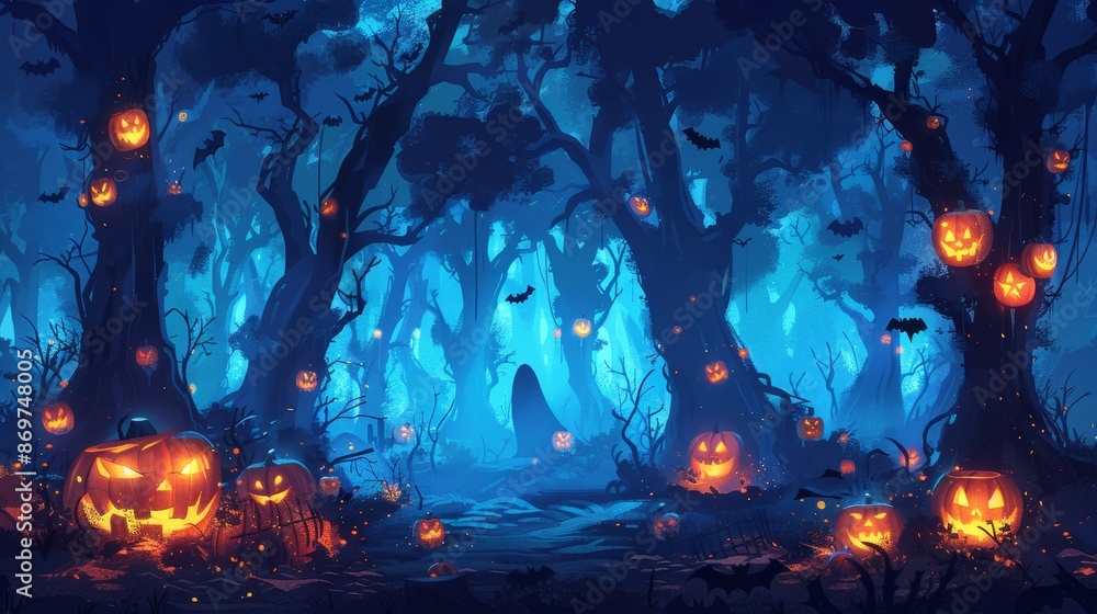 Spooky dark forest with glowing Jack-o'-lanterns, eerie atmosphere, and blue lighting, perfect for Halloween themes and haunted scenes. Spooky dark forest with glowing Jack-o'-lanterns, eerie atmosphere, and blue lighting, perfect for Halloween themes and haunted scenes.