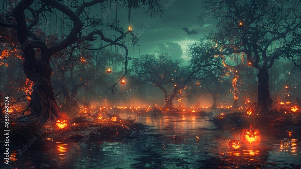 Spooky Halloween forest with glowing jack-o'-lanterns, eerie trees, and misty atmosphere at dusk, creating a haunting yet magical scene. Spooky Halloween forest with glowing jack-o'-lanterns, eerie trees, and misty atmosphere at dusk, creating a haunting yet magical scene.