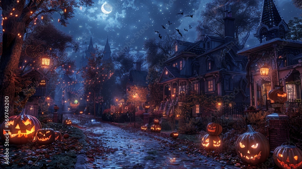 Spooky Halloween night with glowing jack-o'-lanterns and eerie moonlit sky, illuminating a haunted street lined with decorated houses. Spooky Halloween night with glowing jack-o'-lanterns and eerie moonlit sky, illuminating a haunted street lined with decorated houses.