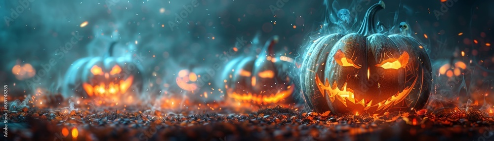 Spooky Halloween pumpkins with glowing faces in a dark, foggy night, perfect for Halloween themes and decorations. Spooky Halloween pumpkins with glowing faces in a dark, foggy night, perfect for Halloween themes and decorations.