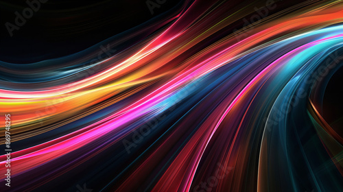 Colorful, flowing light streaks creating a dynamic wave pattern against a dark background, representing energy and motion