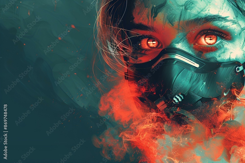 Woman wearing gas mask with striking red eyes. Woman wearing gas mask with striking red eyes.
