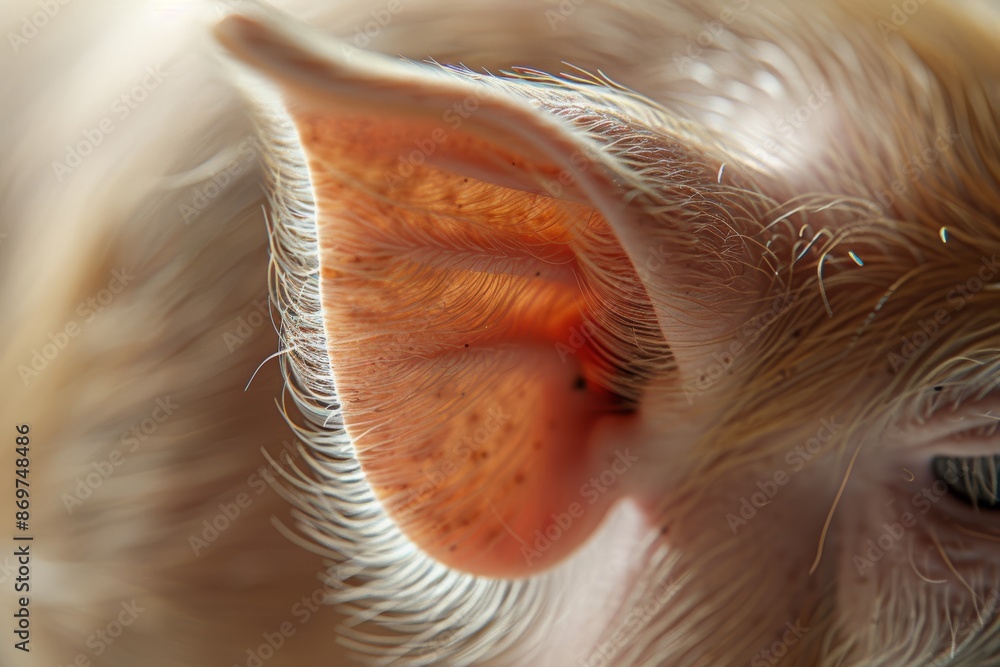Close-Up of Pig's Ear Detailing Hairs and Texture with Softly Blurred Background for Intimate Animal Portraits Close-Up of Pig's Ear Detailing Hairs and Texture with Softly Blurred Background for Intimate Animal Portraits