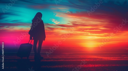 Silhouette travel, realistic, high angle, backlight, vibrant hues