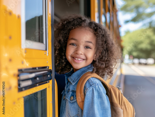 Candid portrait of a cheerful little brunette girl with curly hair and backpack smiling while coming in on lateral doorway of a modern yellow school bus 