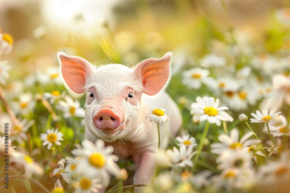 Joyful Piglet Playing in Daisy Patch Amidst Natural Beauty Joyful Piglet Playing in Daisy Patch Amidst Natural Beauty