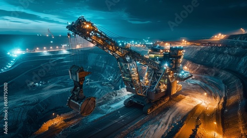 Walking excavator operates at night near piles row in mining pit