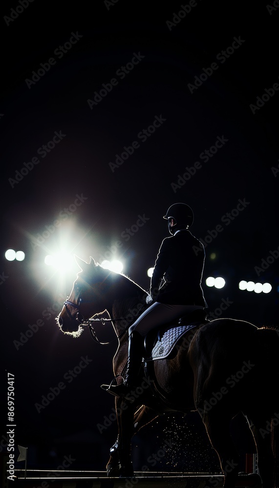 Dynamic Low Angle Equestrian Rider Preparing for Obstacle Jump Under Stadium Lights Dynamic Low Angle Equestrian Rider Preparing for Obstacle Jump Under Stadium Lights