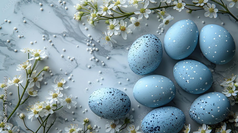 frame of blue easter eggs,white flowers on a marble table.illustration frame of blue easter eggs,white flowers on a marble table.illustration