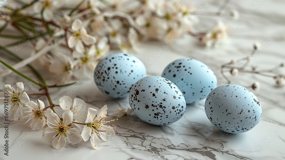 marble background with a bunch of blue eggs,white flowers happy easter.image marble background with a bunch of blue eggs,white flowers happy easter.image