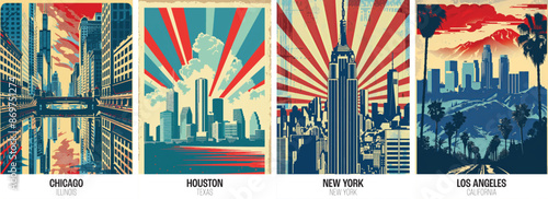 Famous American cities poster collection. USA red white and blue city prints