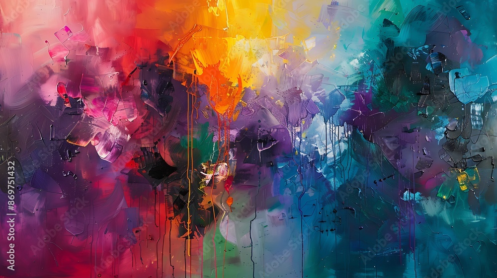 Fototapeta premium Abstract shapes and vibrant colors intertwine with playful splashes of liquid joy on a textured canvas, creating a dynamic tapestry of expression and creativity.