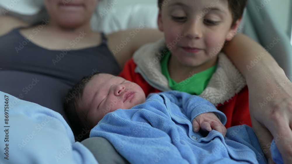 Sibling gently kisses sleeping newborn baby while cuddling with their mother, showcasing a heartfelt family moment filled with love and care, emphasizing the strong bonds within a family Sibling gently kisses sleeping newborn baby while cuddling with their mother, showcasing a heartfelt family moment filled with love and care, emphasizing the strong bonds within a family