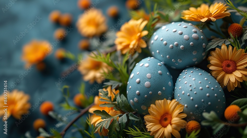 blue,white easter eggs with yellow flowers on dark blue background happy easter.image blue,white easter eggs with yellow flowers on dark blue background happy easter.image