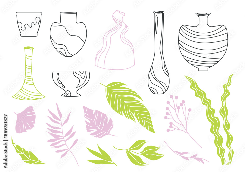 Set of vases, pots and leaf silhouettes in flat cartoon design. A ...