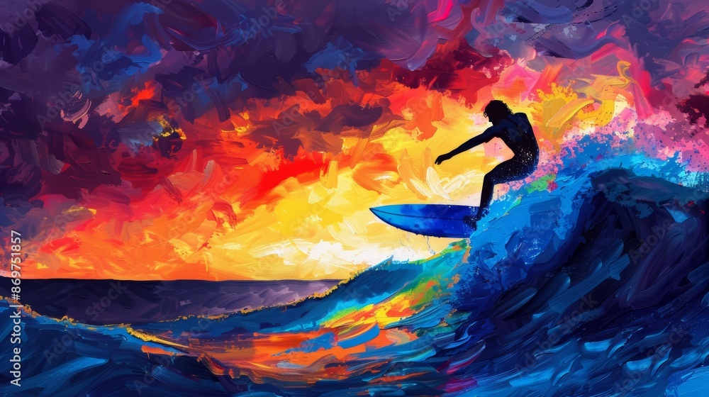 Surfer Riding Vibrant Wave at Sunset - Dramatic Ocean Silhouette Photography for Posters and Prints Surfer Riding Vibrant Wave at Sunset - Dramatic Ocean Silhouette Photography for Posters and Prints