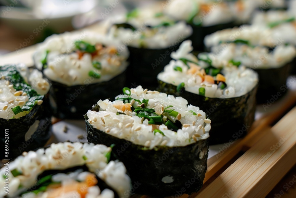 Freshly prepared sushi rolls with sesame seeds and vegetables Freshly prepared sushi rolls with sesame seeds and vegetables