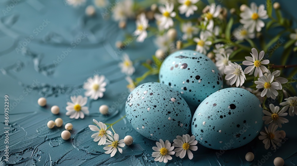 Obraz premium blue marble easter eggs with flowers on pastel blue background.image