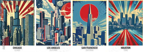 Famous American cities poster collection. USA red white and blue city prints