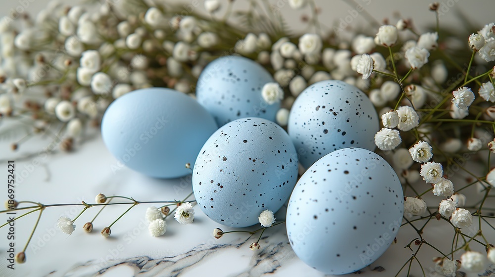 Obraz premium easter holiday decorations with blue eggs,flowers on marble table top view flat lay.stock image