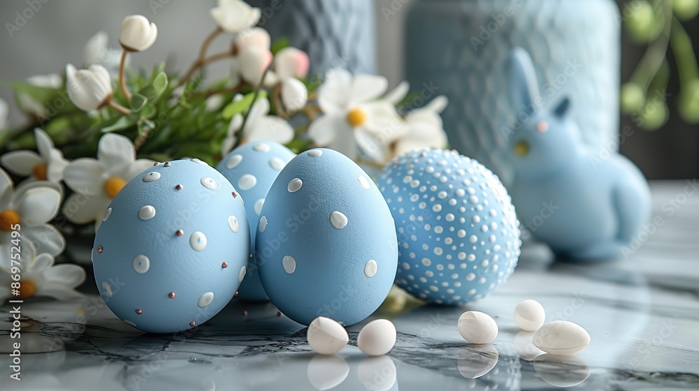 Obraz premium blue easter eggs with rabbits,spring flowers on marble table.illustration