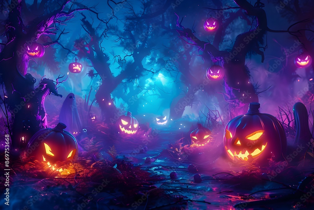 Enchanted Pumpkin Forest at Night with Glowing Jack-o'-Lanterns and Haunting Atmosphere Enchanted Pumpkin Forest at Night with Glowing Jack-o'-Lanterns and Haunting Atmosphere