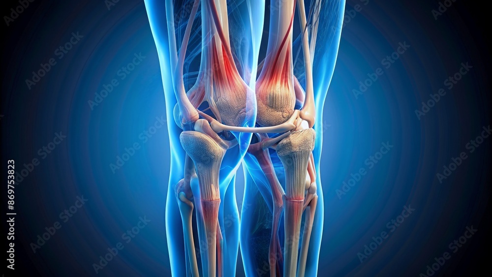 Detailed blue 3D rendering of human knee anatomy on black background ...