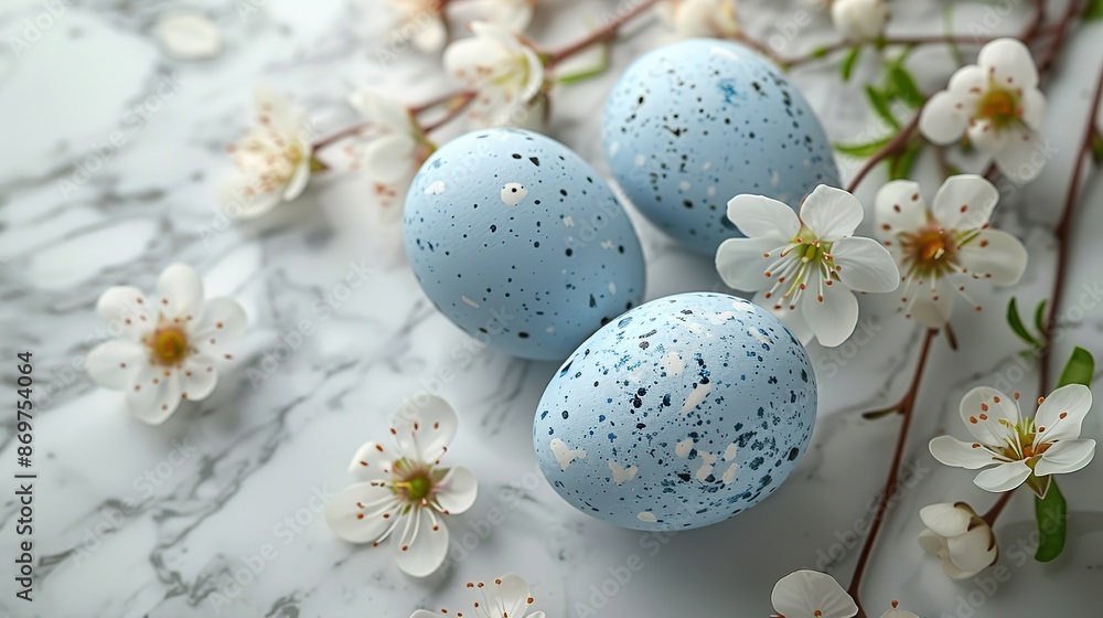 easter scene with blue easter eggs with flowers on marble table top view.illustration easter scene with blue easter eggs with flowers on marble table top view.illustration