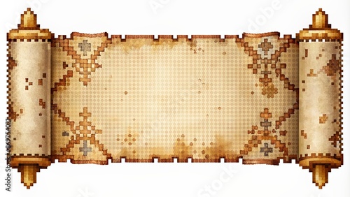 Ripped and torn parchment banner with vintage scroll ribbon, adorned with ornate pixel art, reminiscent of an ancient manuscript template.