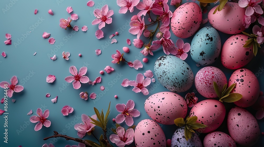 festive for happy easter with dyed eggs,flowers flat lay top view.image festive for happy easter with dyed eggs,flowers flat lay top view.image