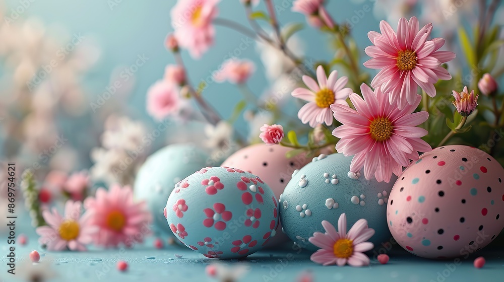 Obraz premium easter poster,with dyed easter eggs spring flowers bunny on pastel blue background.stock photo