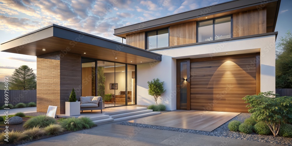 Fototapeta premium Empty white signage on wooden door of large patio in 3d rendered modern home. ,house, patio, modern design, exterior rendering, blank sign