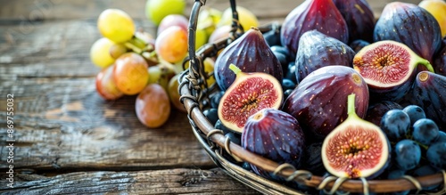 Metal basket filled with fresh organic figs, grapes, prunes, and dewberries on wooden background with copy space image. photo